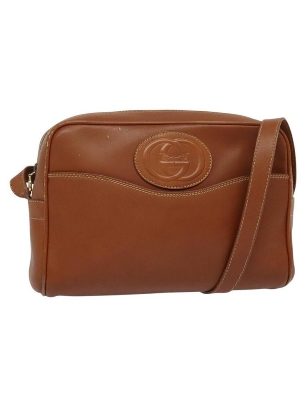 Authentic GUCCI Shoulder Bag Leather Brown Gold